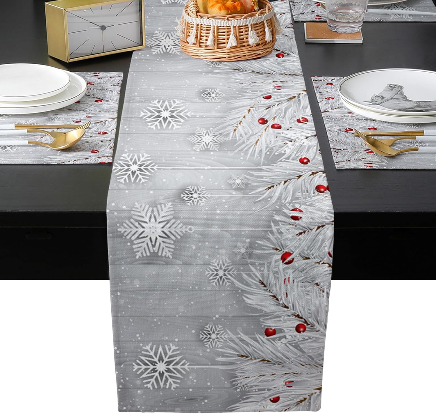 Silver Christmas Table Runner with Placemats Set of 6