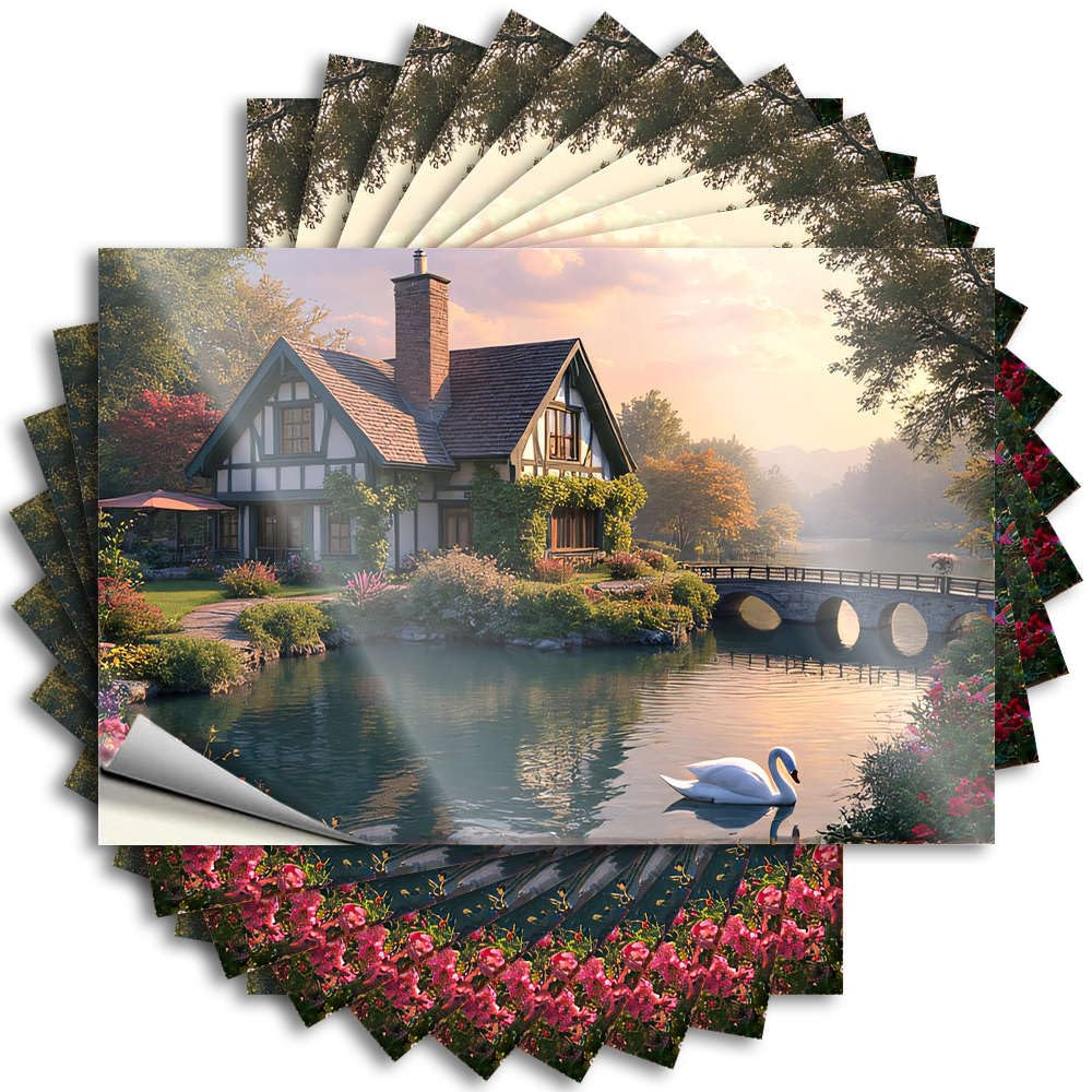 Must Decals - Affirmation Long Hat A Picturesque Cottage By A Serene Lake with A Swan Floating On The Water(6X9CM)