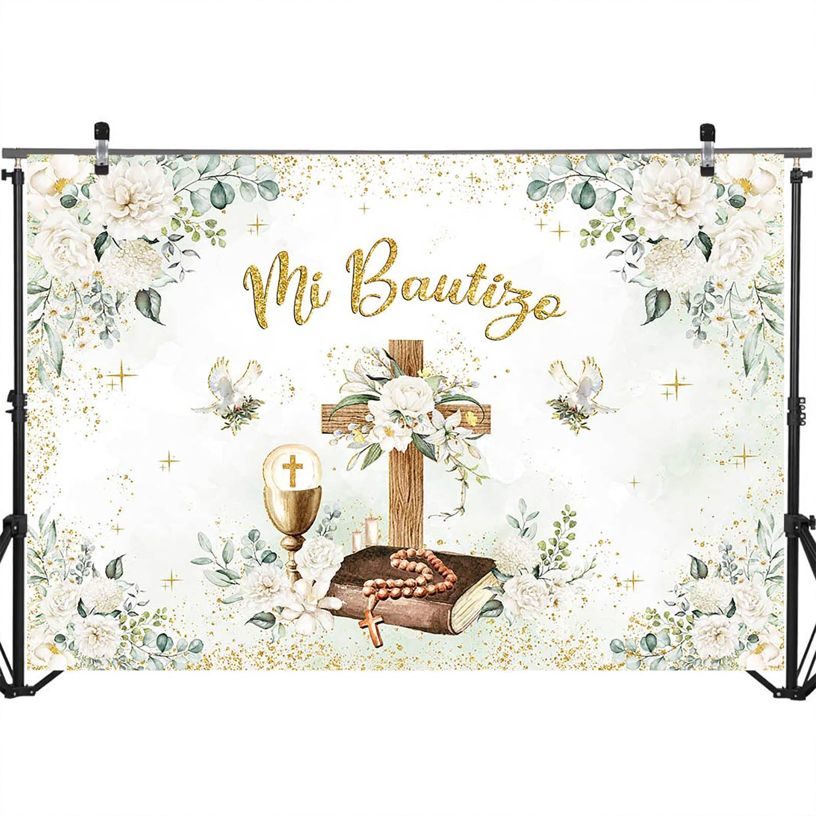 Avezano Mi Bautizo tło "God Bless" białe kwiatowe tło do chrztu, pierwsza komunia, chrzest, baby shower, przyjęcie, fotografia, tło, dekoracje, fotobudka, rekwizyty, 3 x 2 m