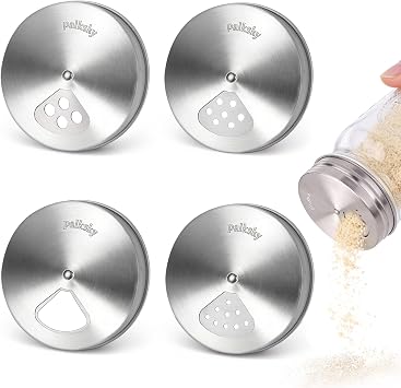 Palksky Mason Jar Spice Shaker Lids Stainless Steel, 4 Pack Regular Mouth Mason Canning Cap for Spices Coriander Seed Garlic/Rosemary Powder, Adjustable Tops Pour Spout Seasoning Shaker Dispenser