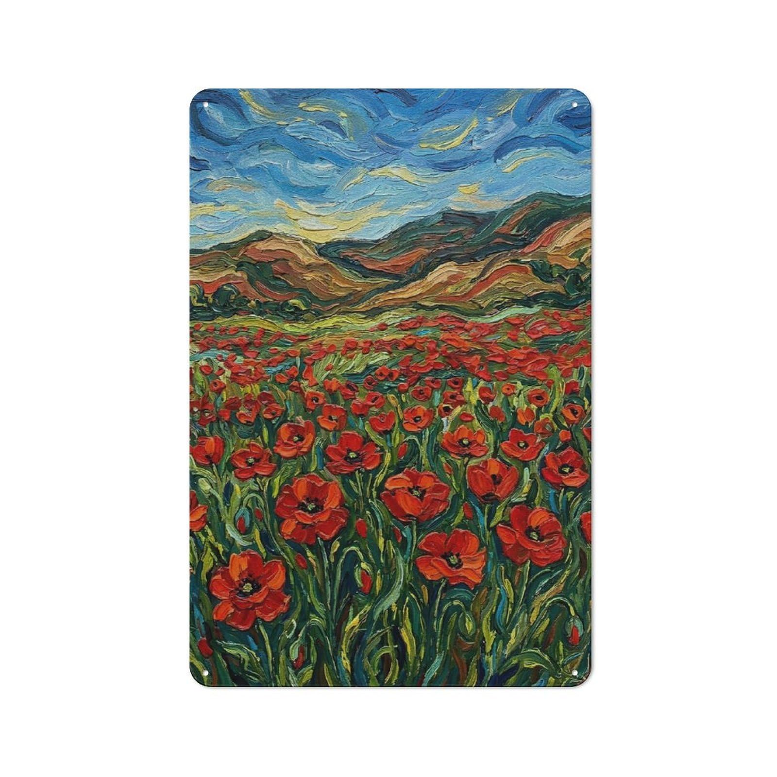 Junmoney Style-6 Field Of Poppies Under A Swirling Sky Rustic Metal Wall Sign 30X20cm For Workshop Wall, Suited To Makers And Diy Enthusiasts