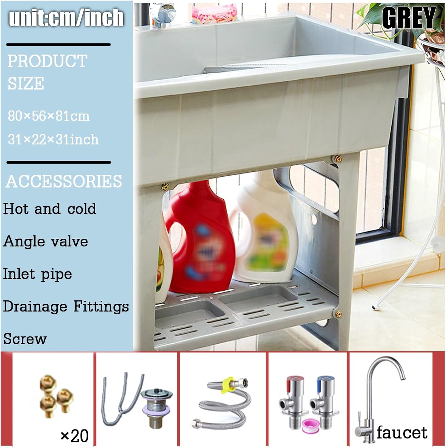 Laundry Sink Small Utility Sink Plastic Laundry Sink With Faucet Wash Basin With Soap Slot Freestanding Plastic Laundry Sink For Laundry Room Washing Room Garden Garage(Color:Gray,Style:H-80cm)
