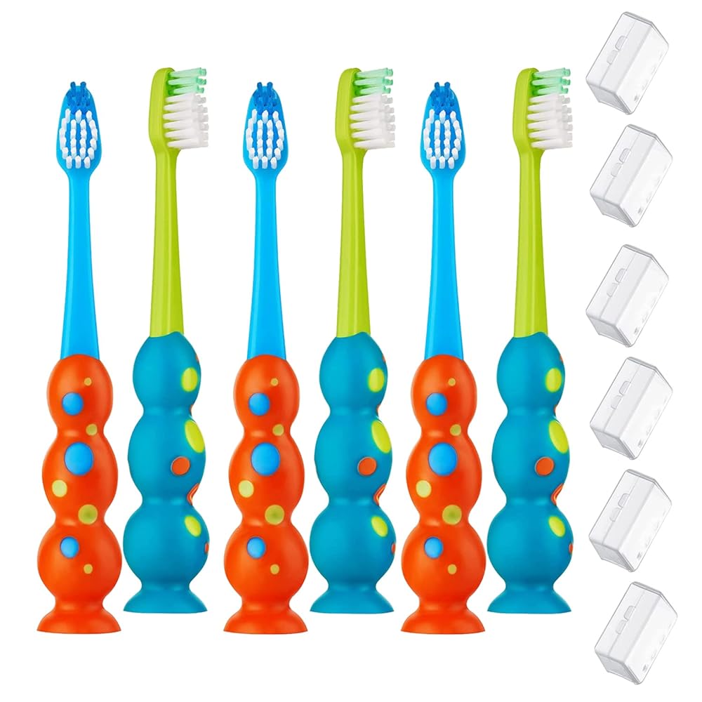 Trueocity Kids Toothbrush 6 Pack - Soft Contoured Bristles - Child Sized Brush Heads (3-10 Year Old) - Suction Cup for Fun & Easy Storage - Girl & Boy Set (6-Pack, Blue & Orange)