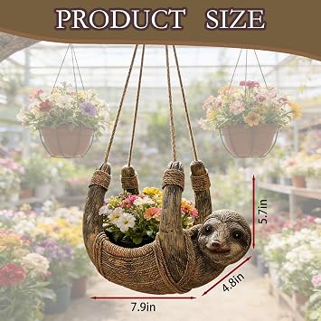 Cute Sloth Hanging Planter Resin Flower Pot, Hanging Animal Plant Holder for Indoor Outdoor Garden Decor, Succulent Planter Basket for Patio Balcony Porch Home Decoration, 7.9 x 4.8 x 5.7 Inch