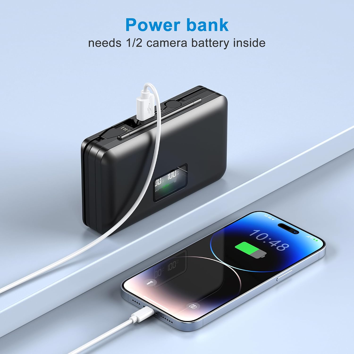 LIFEMOI charger acting as a power bank, connected via USB cable to charge a smartphone.