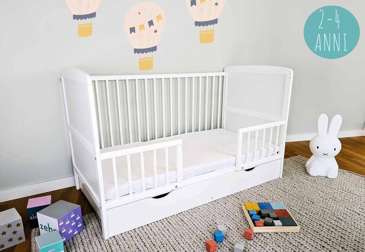 Kids Collective Lettino per bambini 70x140 Lettino trasformabile con sponde regolabili in altezza e barre rimovibili | bianco Legno massello di pino Made in Europe | dalla nascita fino ai 6 anni