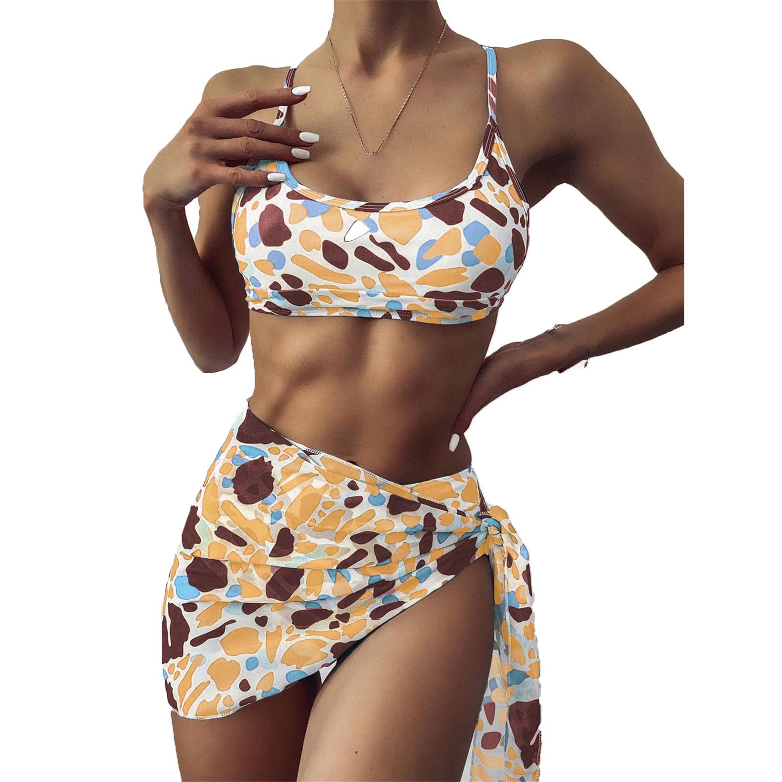 Womens Halter Neck 3 Piece Bathing Suit Printing Cover Up Skirt Short Sarong Sexy Tie Dye Triangle Bikini