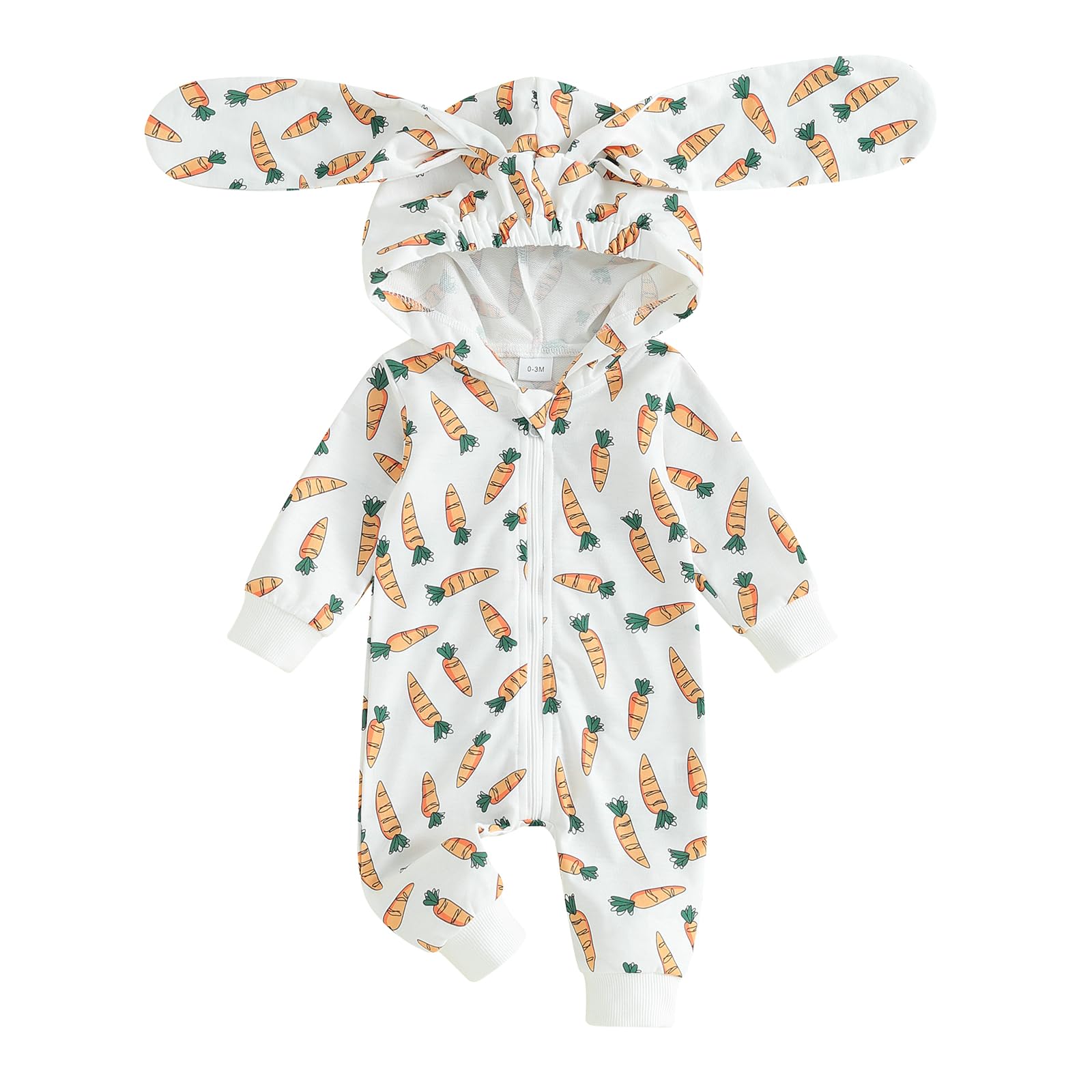 LAGKIYOJ Newborn Baby Easter Outfit Romper Carrot Print Bunny Ears Long Sleeve Hoodie Jumpsuit Fall Winter Baby Clothes (White, 0-3 Months)