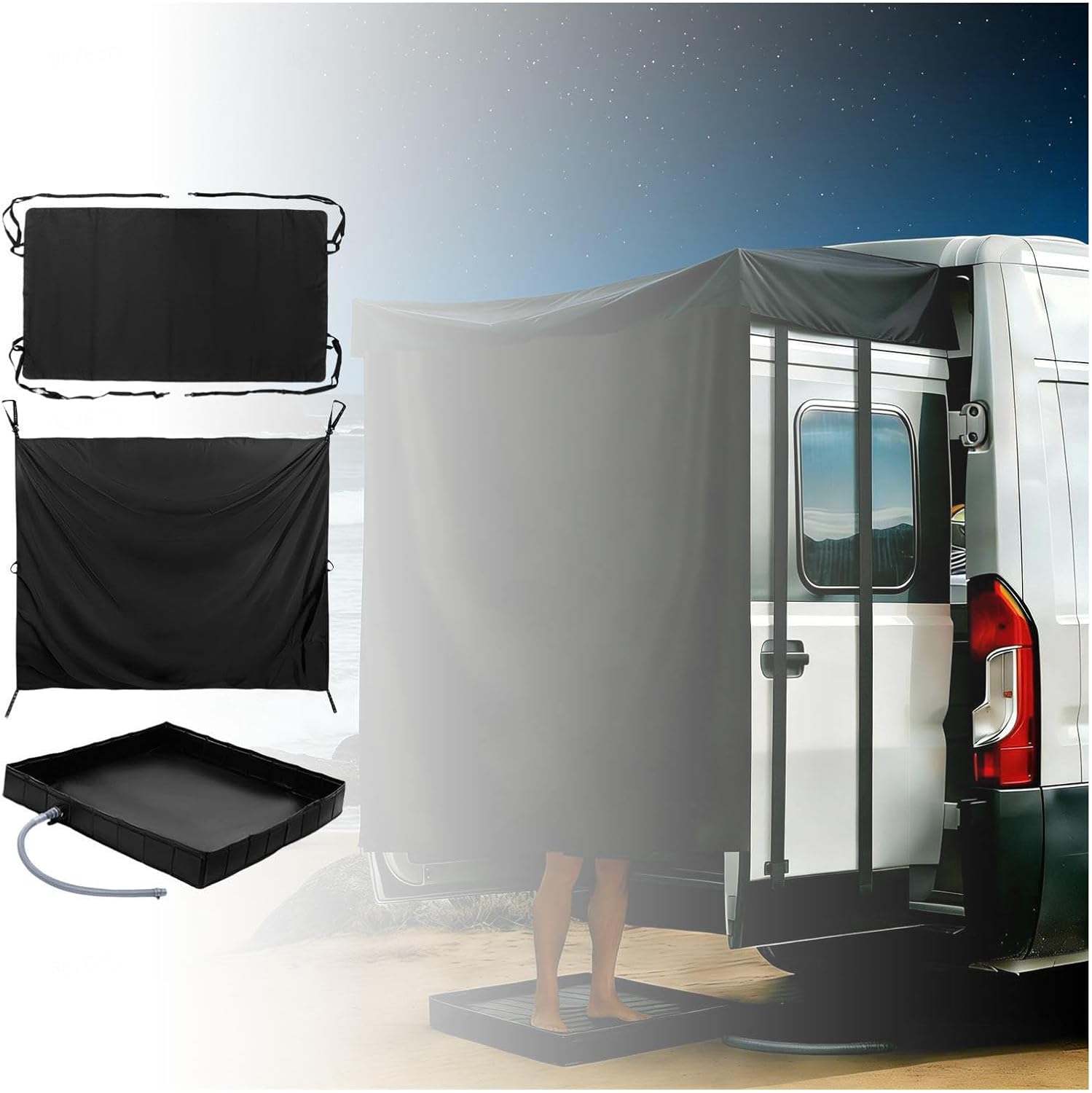 Car Camping Three-Piece Set, Includes Shower Awning, Truck Curtains, Outdoor Shower Pan, Easy Setup for Car RV Rear Door