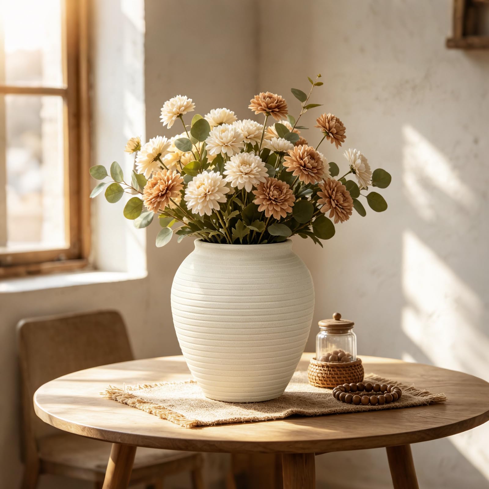 Vintage Keramik Ruastic Keramikvase mit Gerippte Terrakotta-Vase,28cm,Weiß | Terrakotta-Vase Tischvase aus Keramik für Deko Wohnzimmer Home Office, Vase für Pampasgras, Rustikales Antikes Dekor