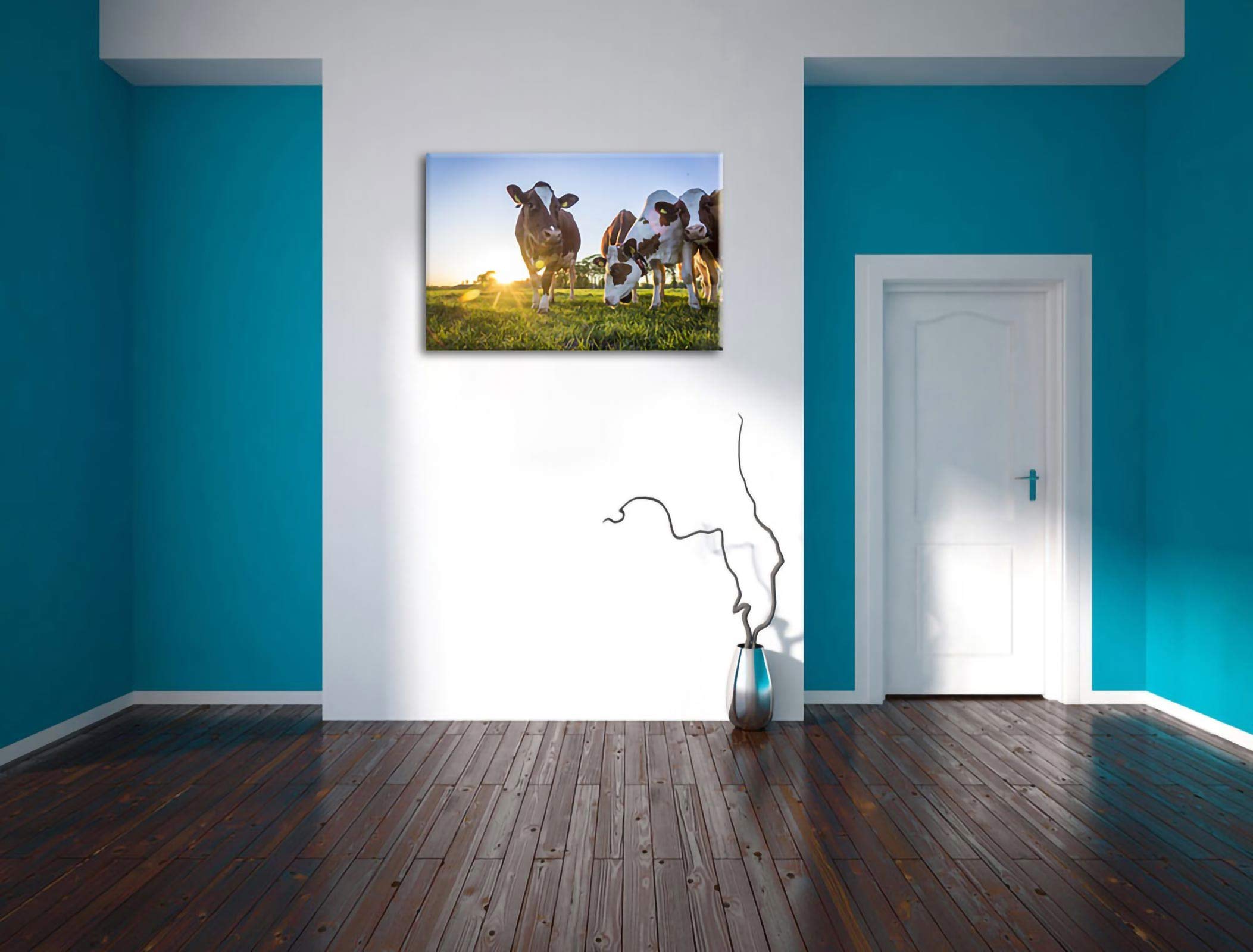 Pixxprint Kühe grasen auf Wiese bei Sonnenuntergang, Größe: 120x80cm, Leinwandbild, fertig gespannt, Wandbild, Dekoration, Kunstdruck, kein Poster