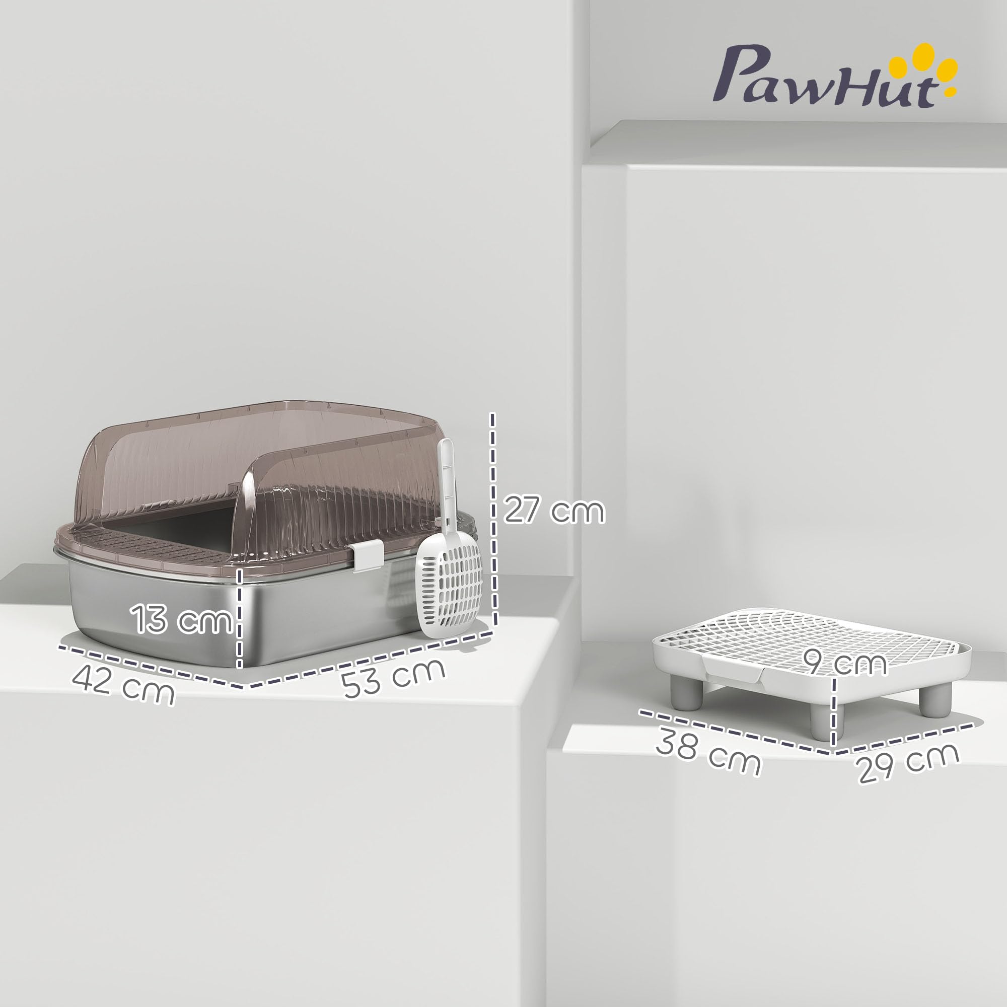 PawHut Arenero para Gatos Cubierto Extragrande Peldaño Pala Gris | Bandeja de Acero Inoxidable, Caja de Arena Cerrado, Bordes Altos, Zona para Caída de Arena, sin Olor, Fácil Limpieza