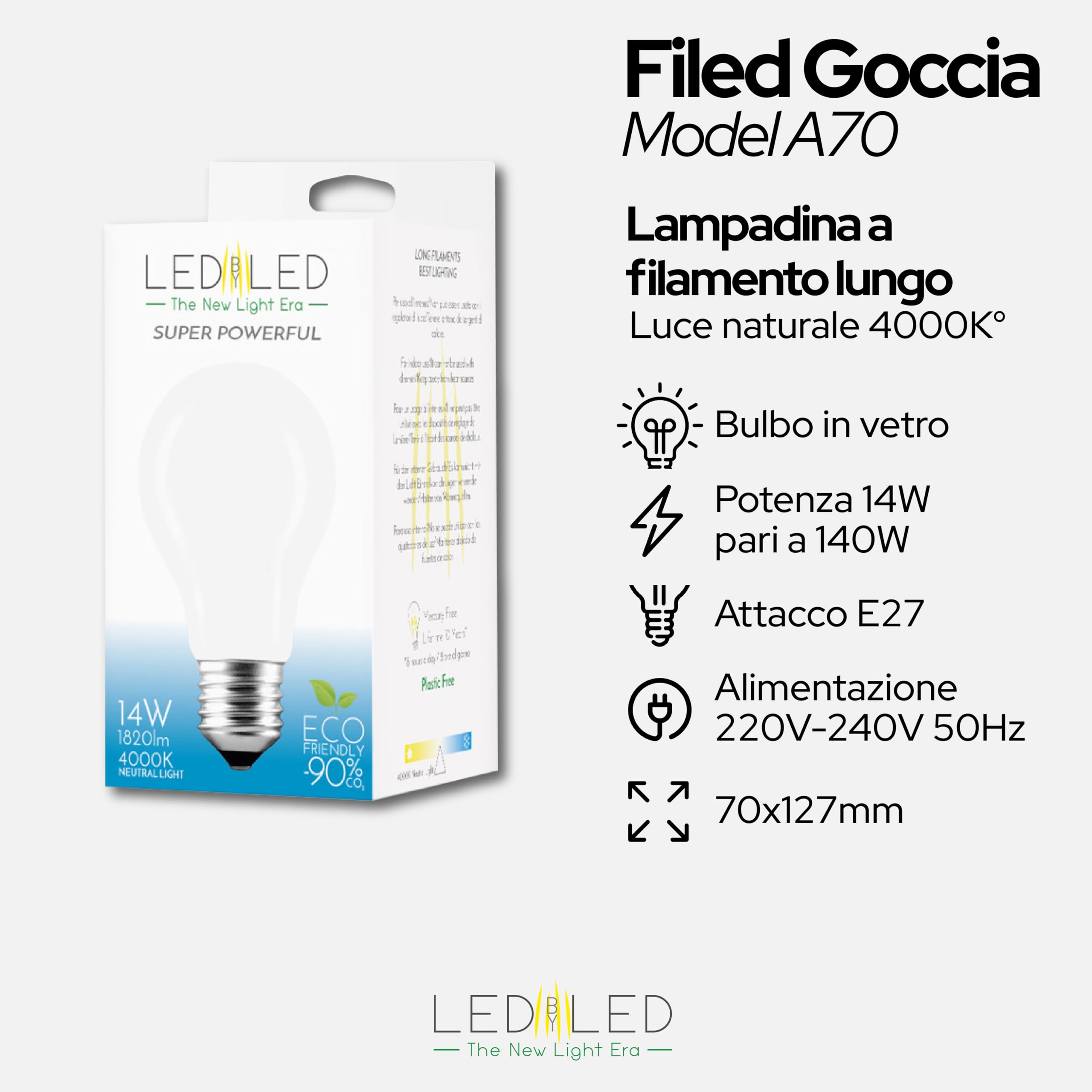 Lampadina Goccia 14W Pari a 140W, E27, Vetro Milky, 4000K Luce Naturale, filamento LED dritto, 1820 Lumen, Pack 10 Pezzi