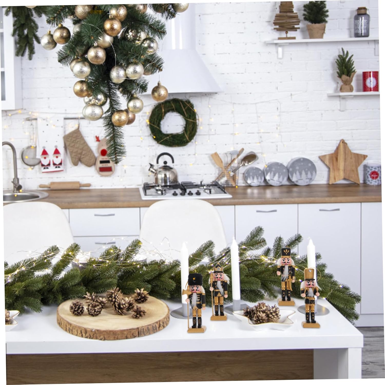 GLEAVI 4pcs Wooden Nutcracker Christmas Decorations Black Gold Nutcracker Figures with Thickened Base for Home Tree Ornaments Festive