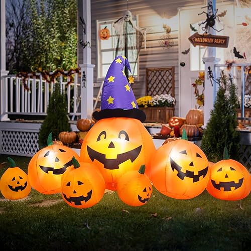 Miniatura 1 de Evoio Calabazas inflables de Halloween de 8 pies para decoración al aire libre, calabazas inflables de patio y sombrero de bruja con luces LED
