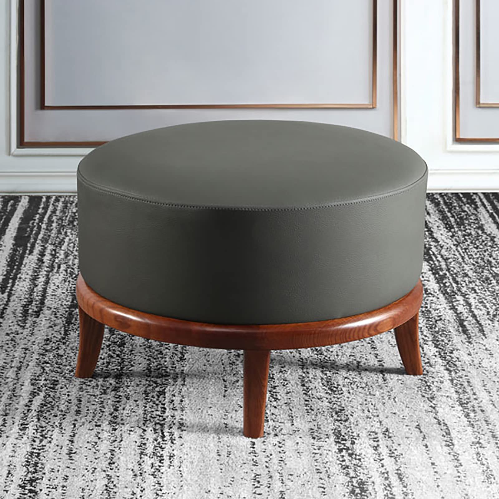 Tabouret Rond Gris pour Soulager les Jambes, Repose-Pieds Rembourré avec Pieds en Bois