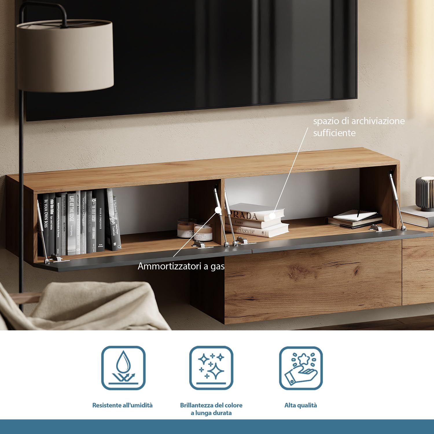 Planetmöbel TV Mobile soggiorno 2X 140 cm Oro Rovere/Antracite - Oro Rovere, Moderno, Mobile TV con 2 ante per lo stoccaggio, da appendere o utilizzare con appoggio a terra