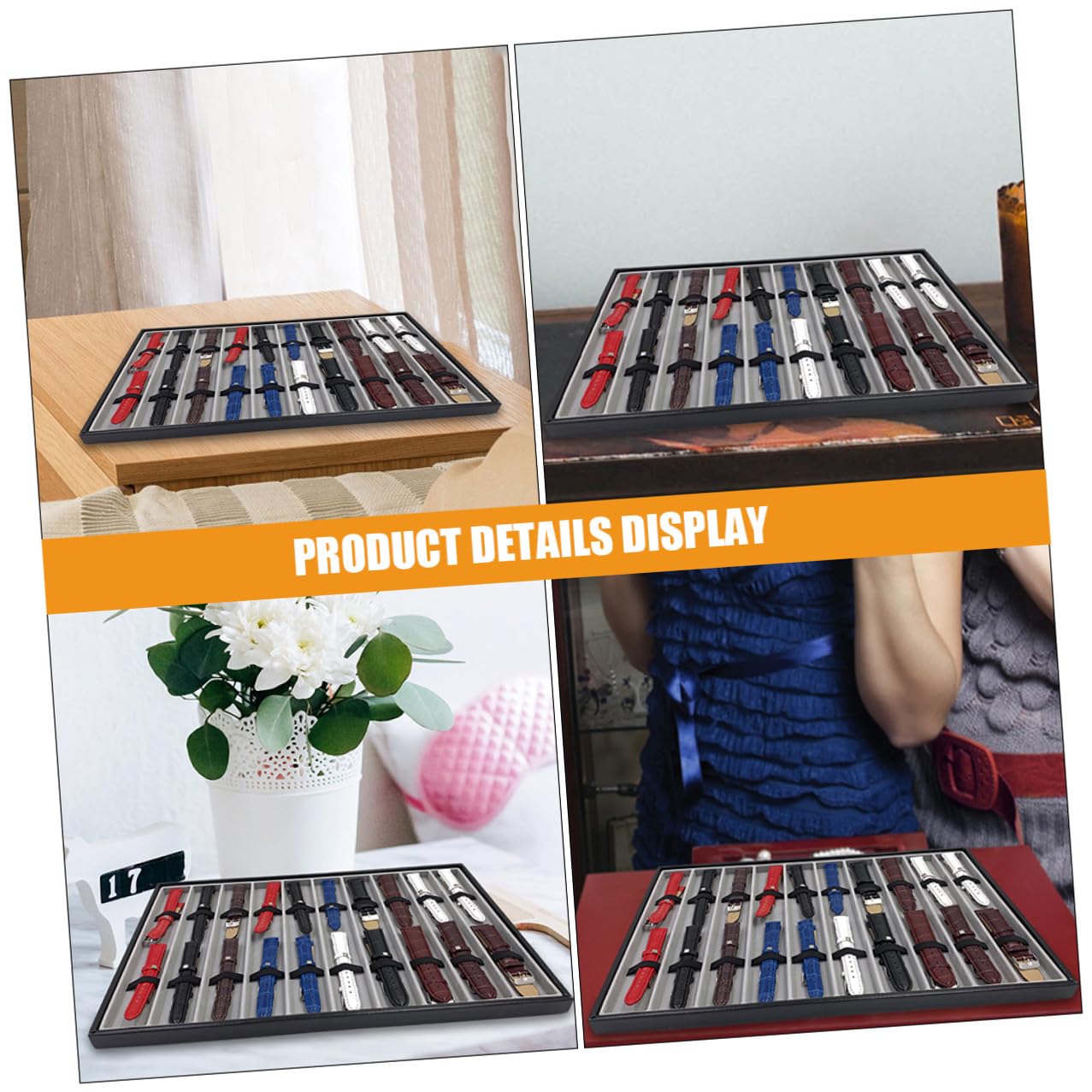 Hohopeti Bandeja de Almacenamiento Rectangular en Mdf y Cuero Negro 2 Piezas Multifuncional para Correas de Reloj para Uso Hogar