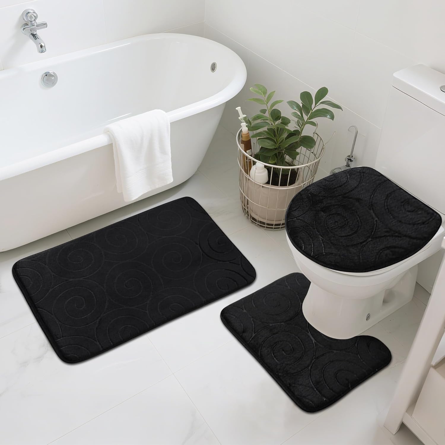 Bathroom Rug Sets 3 Piece, Memory Foam Non Slip Bathroom Rug, Toilet Rugs U Shaped Washable, Soft Absorbent Bath Mats for Bedroom, Kitchen, Black