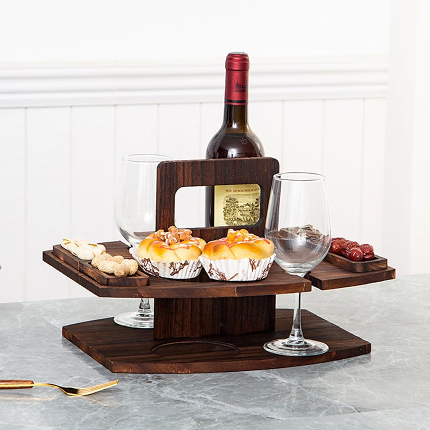 Foldable Wine and Fruit Organiser Detachable Portable Wooden Storage Table for Outdoor Picnics and Gatherings Detachable Wine Glass Holder Multi Layer Kitchen Storage Shelf