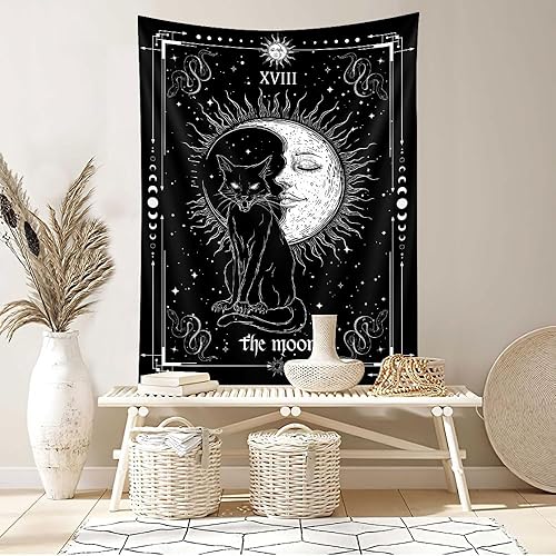 Miniatura 8 de Tapiz vertical gótico de gato negro, bruja, carta de tarot en blanco y negro, alas de murciélago, gatos, tapices geniales para hombres, fases