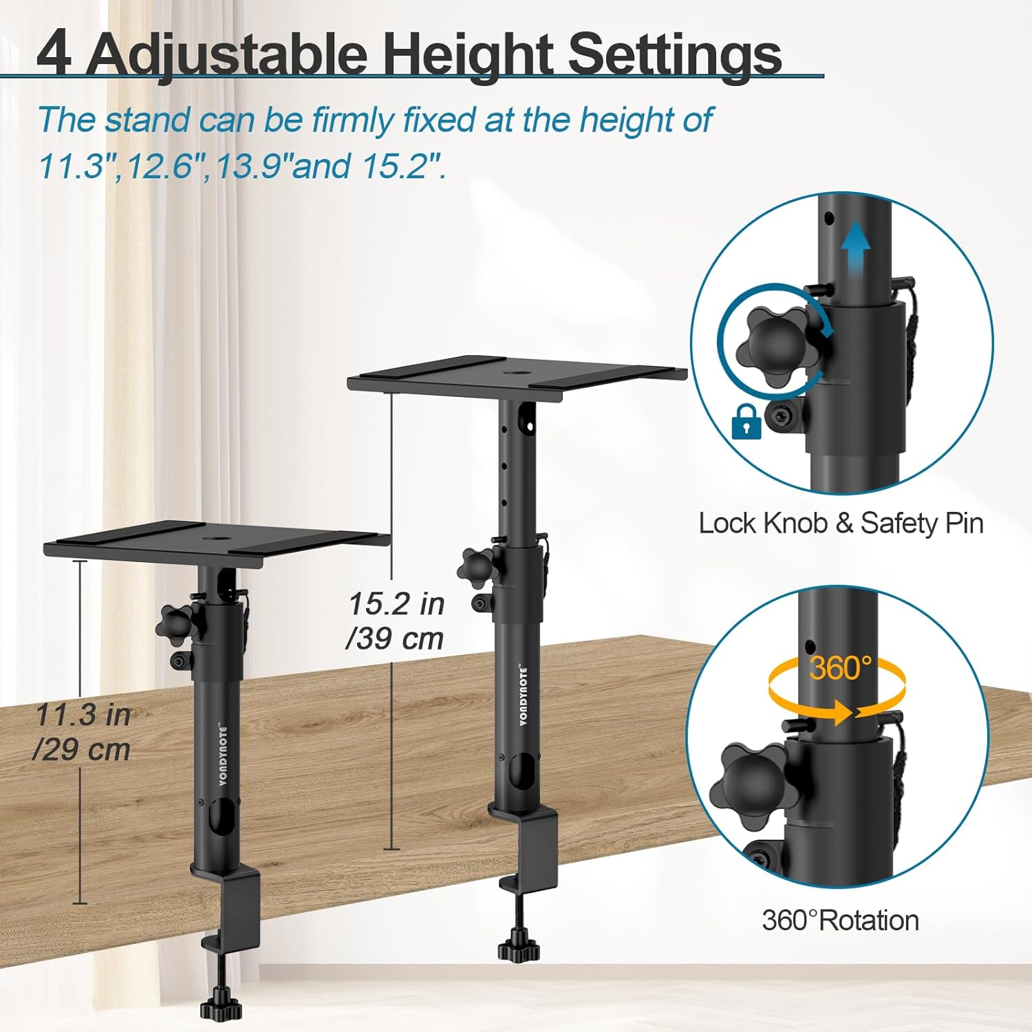 Set of 2 Sturdy Studio Monitor Stands Desktop Clamp Speaker Stands with Cable Management
