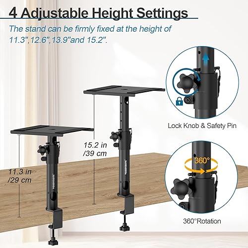 Miniatura 3 de Juego de 2 Soportes de Monitor de Estudio Robustos para Escritorio con Abrazadera para Altavoces y Gestión de Cables