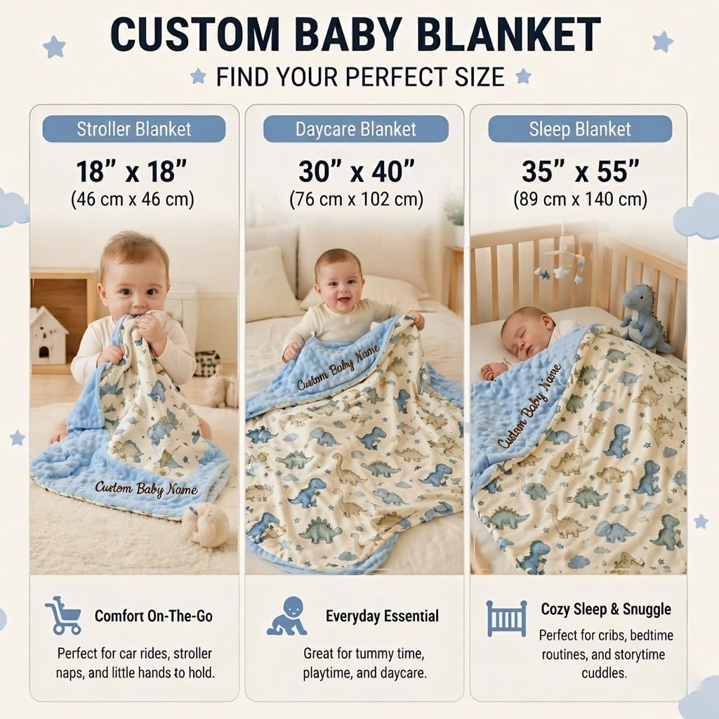 Custom Baby Blanket Personalized Name - Embroidered Boy Blanket for Newborn, Minky Dot Security Stroller Quilt, Essential Personalized Baby Gifts for Boys (Blue)