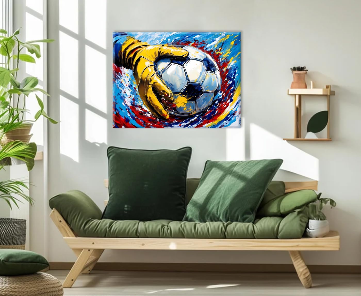 Framed Graffiti Soccer Wall Art,Colorful Soccer Silhouette Sport Theme Canvas Wall Art,Vintage Graffiti Football Art Poster for Modern Bedroom Man Cave Decorations 12X16 in