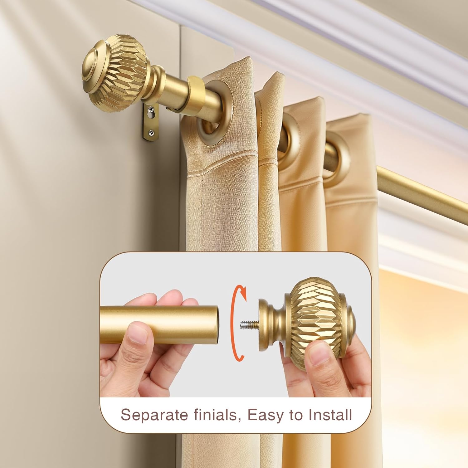 KNOBWELL 2 Pack Empyrean Grace Golden Curtain Rod, 22-42 in, Brass Single Rod with Ball Finials, 1" Single Rod Window Treatment Rods Drapery Rod
