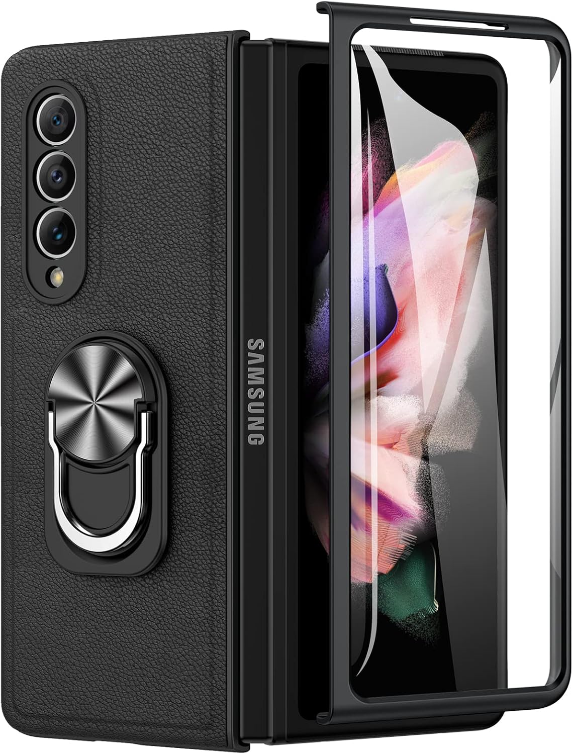 Caka for Galaxy Z Fold 3 Case, Samsung Galaxy Z Fold 3 Case with Kickstand Magnetic Ring Stand Full Body Case with Screen Protector Luxury PU Leather Cover Case for Z Fold 3 5G- Black