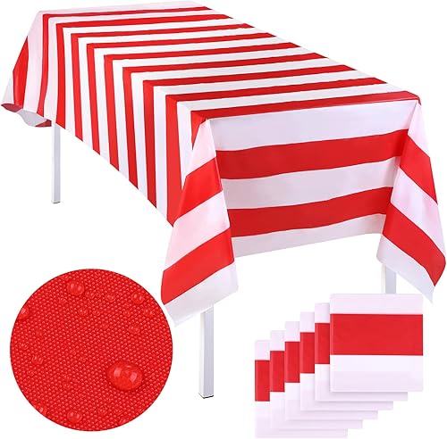 ELCOHO Paquete de 6 manteles de rayas rojas y blancas de plástico a rayas, manteles de carnaval de circo para carnaval, decoración de fiesta