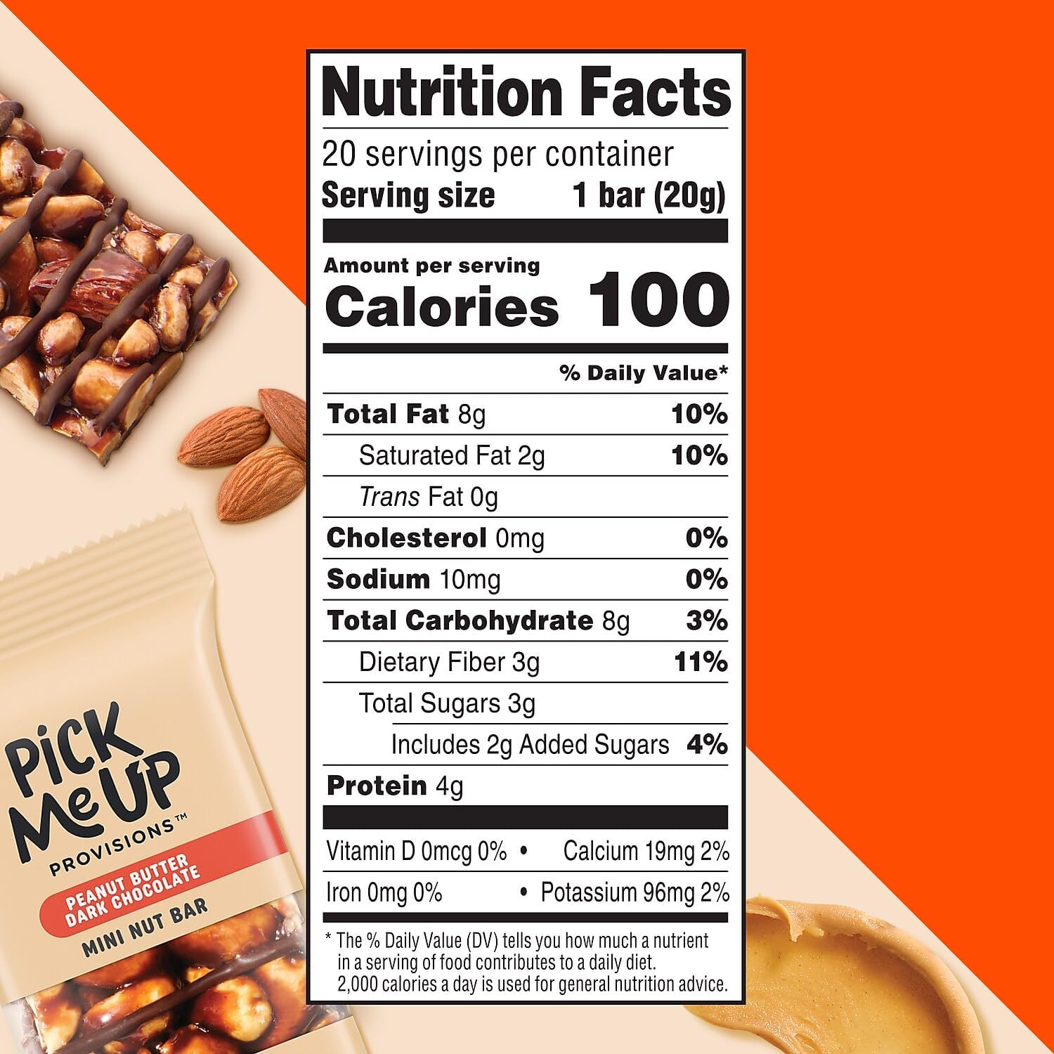 Pick Me Up Provisions Mini Peanut Butter Dark Chocolate Nut Bar, 20 Bars, Perfect for Lunches, Protein Snack