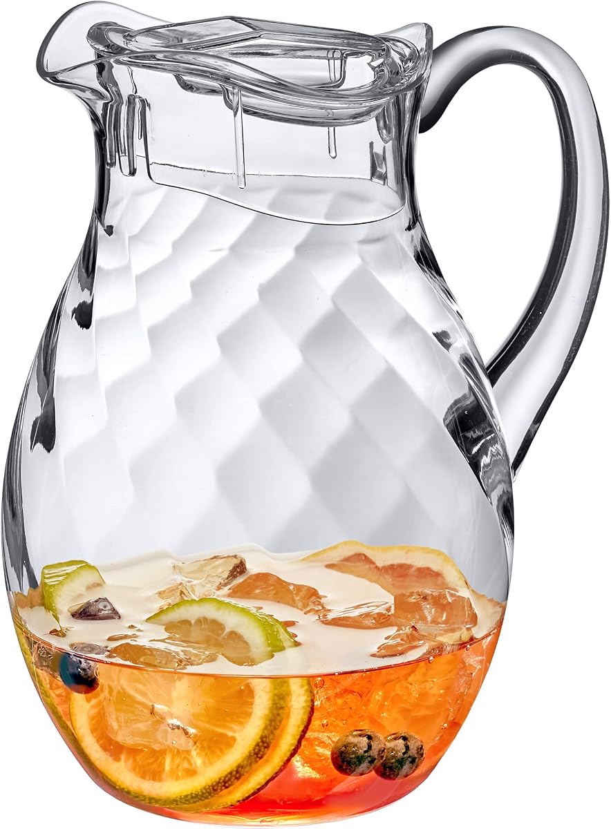 Bubbly Whirly - Jarra de plástico (64 oz, 2 cuartos), jarra de agua transparente con tapa, jarra para refrigerador, sin BPA, inastillable, ideal para té helado, sangría, limonada, jugo, leche y más
