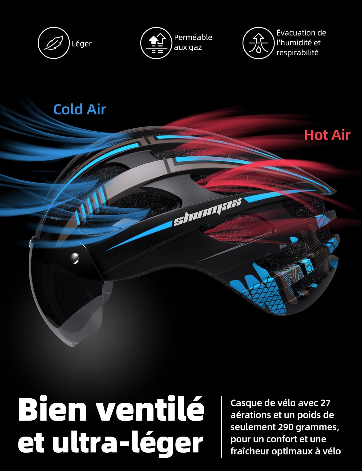 Shinmax Casque Vélo Homme Femme avec Lumière USB Visière Magnétique Certifié CE 57-62CM RC-049
