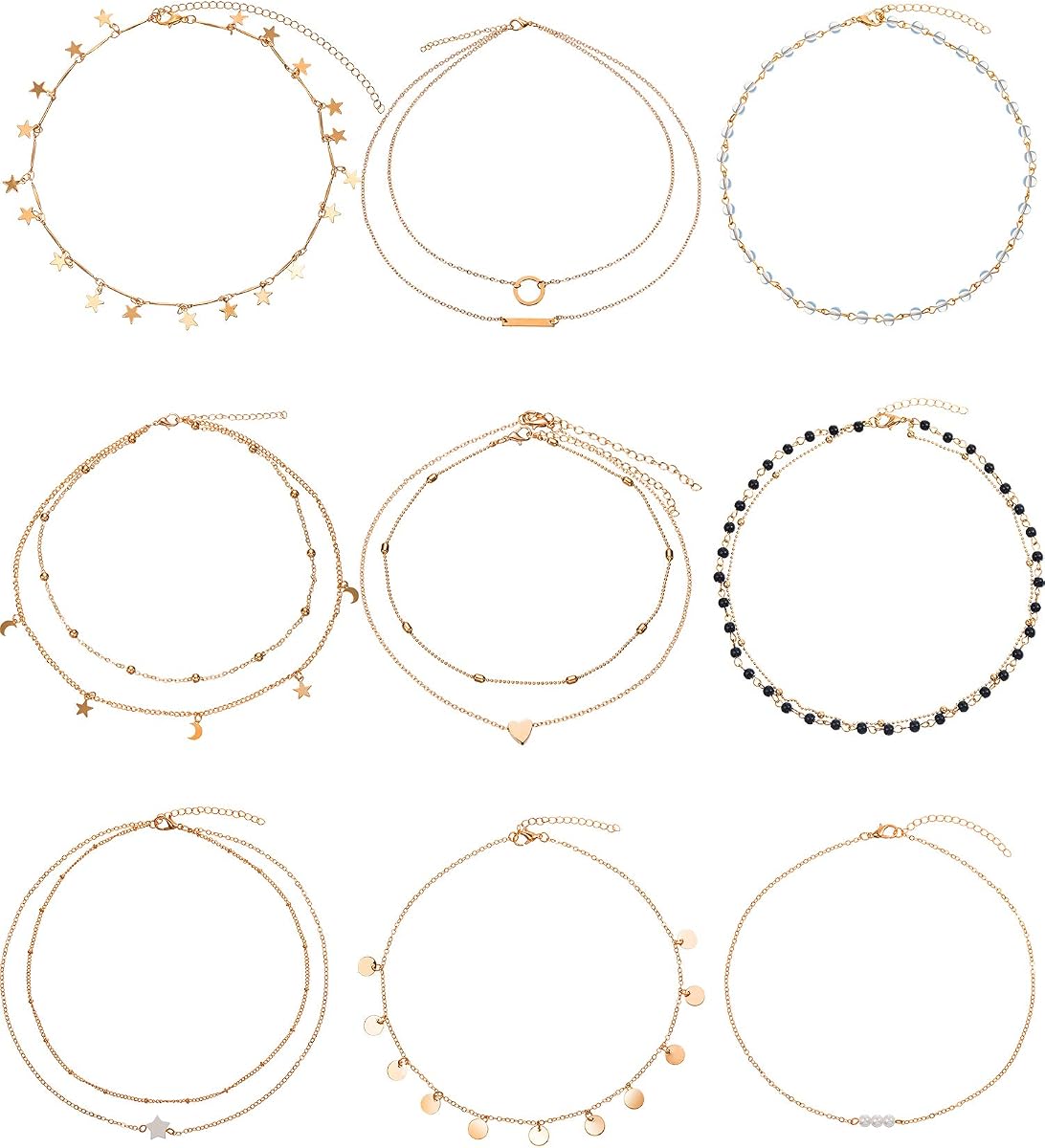 BBTO 9 Pieces Gold Layering Chain Choker Necklace Layered Pendant Moon Star Necklace Set for Women Girls Jewelry