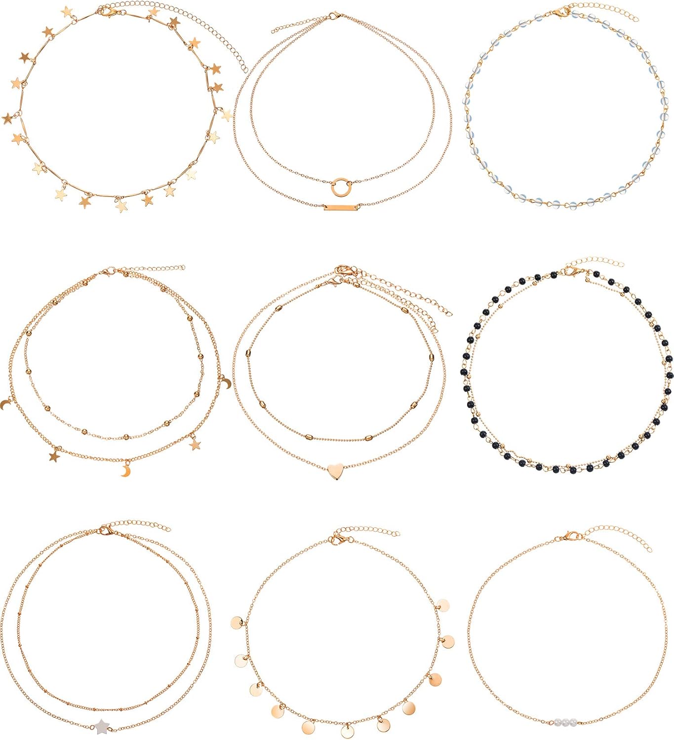 BBTO 9 Pieces Gold Layering Chain Choker Necklace Layered Pendant Statement Necklace for Women Girls (Style A)