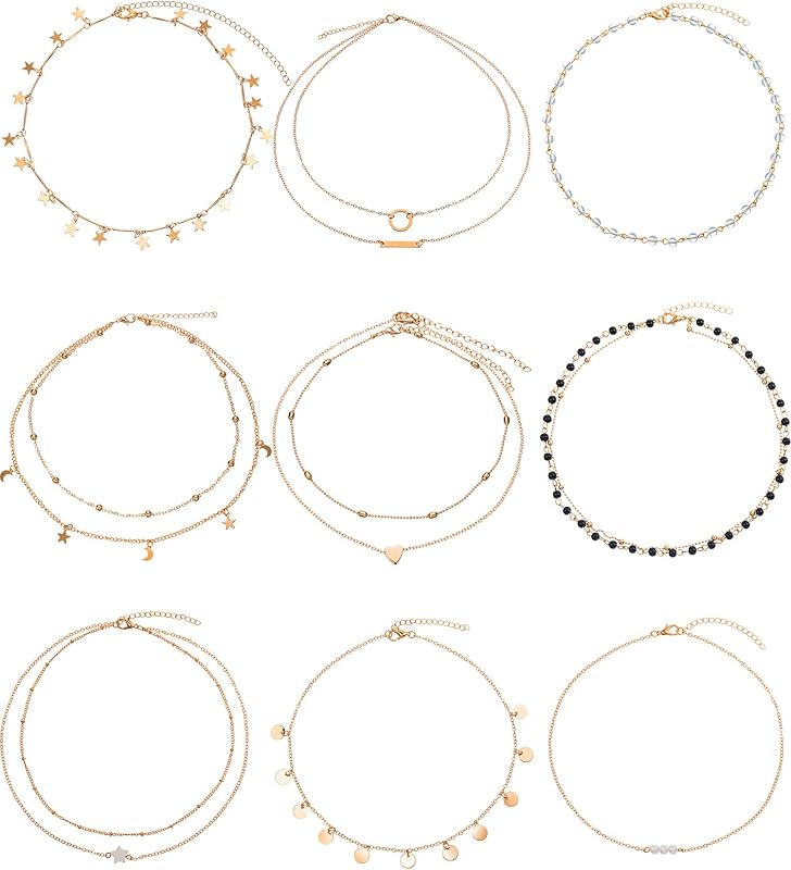 BBTO 9 Pieces Gold Layering Chain Choker Necklace Layered Pendant Moon Star Necklace Set for Women Girls Jewelry