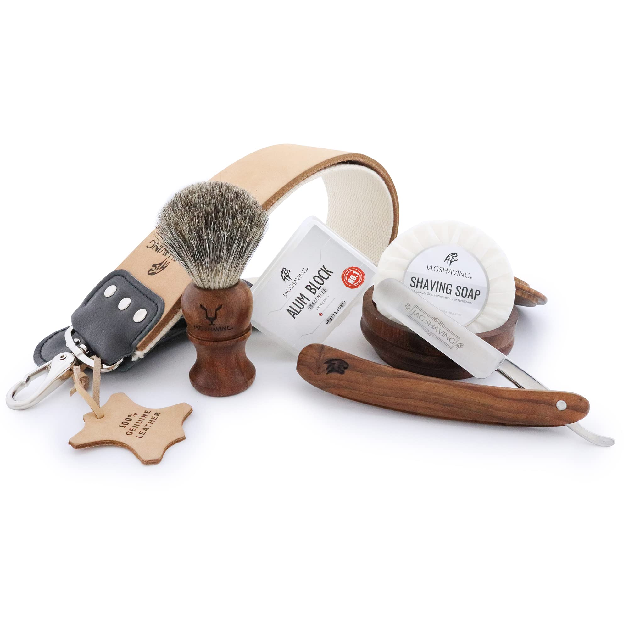 Jag Shaving Zestaw do golenia – 6-częściowy zestaw do golenia – brzytwa – super pędzel do golenia z włosia borsuka – mydło do golenia – miska do golenia z pokrywką – blok ałunowy – skóra ściągająca