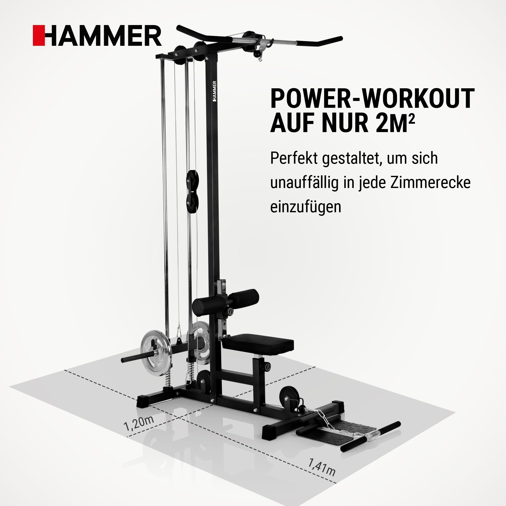 HAMMER Finnlo Latzug-Station Multi-Lat-Tower - Übungen für Rücken Arme Schultern Bauch, 120 kg belastbare Gewichtsauflage, Kraftstation 141x120x210cm