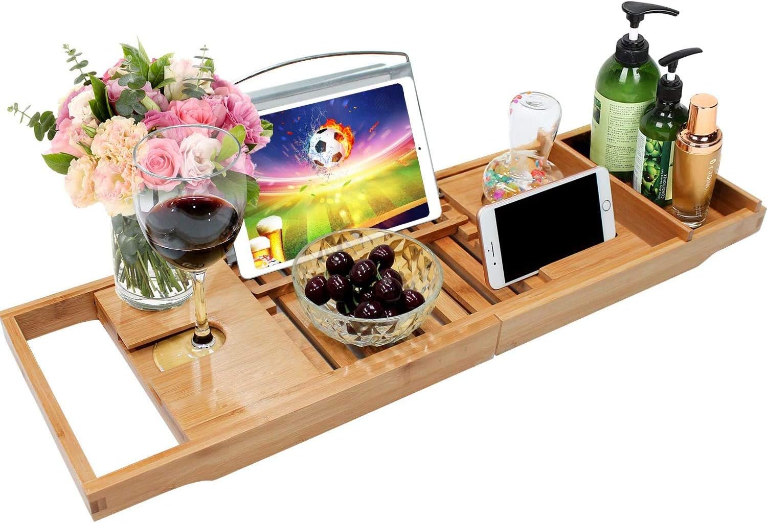 Bamboo Bathtub Caddy Tray Bathroom Bath Tub Tray with Extending Sides Built in Book Tablet Holder Cellphone Tray & Integrated Wineglass Holder and Other Accessories Placement