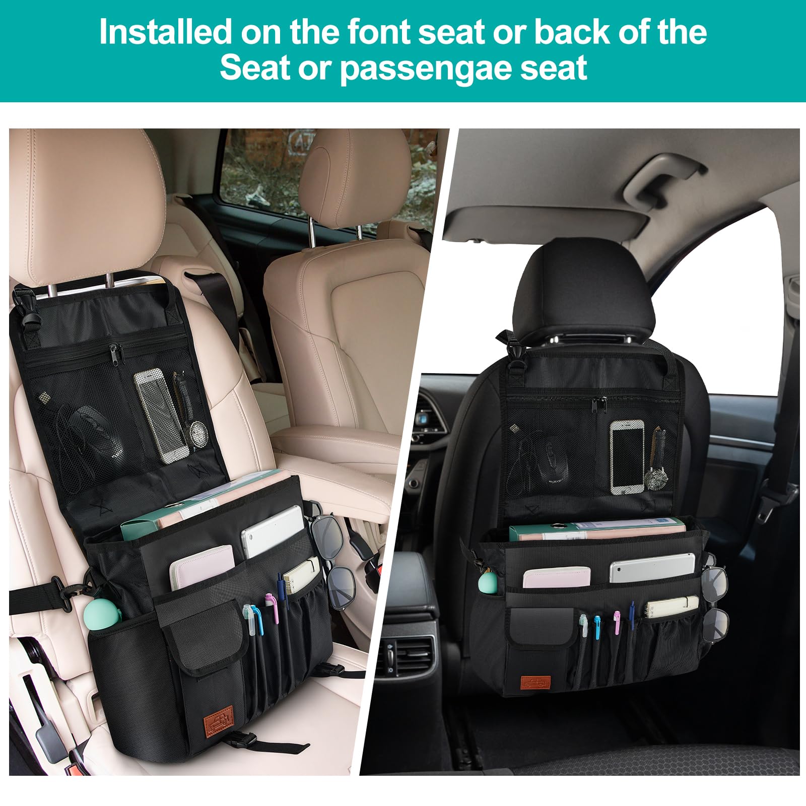 Eurhomewit Autositz Organizer Vordersitz, 2 in 1 Auto Organizer Aktentasche Herren mit Separater Tasche für 15-17" Laptoptasche, Rücksitz Organizer Kinder, Schwarz