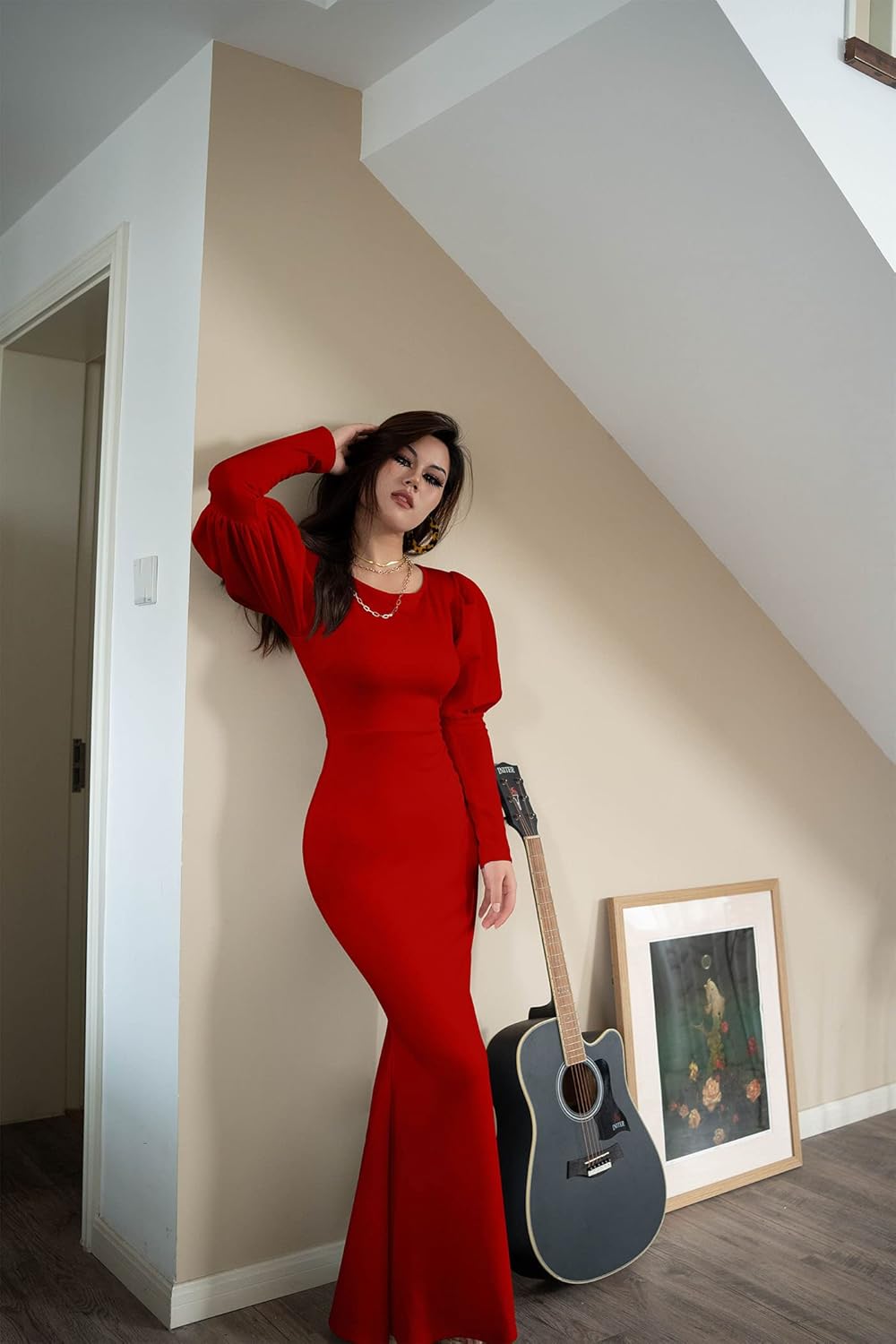 Memoriesea Women's Elegant Long Puff Sleeve Crew Neck Bodycon Mermaid Evening Gown Maxi Dress - Image 3