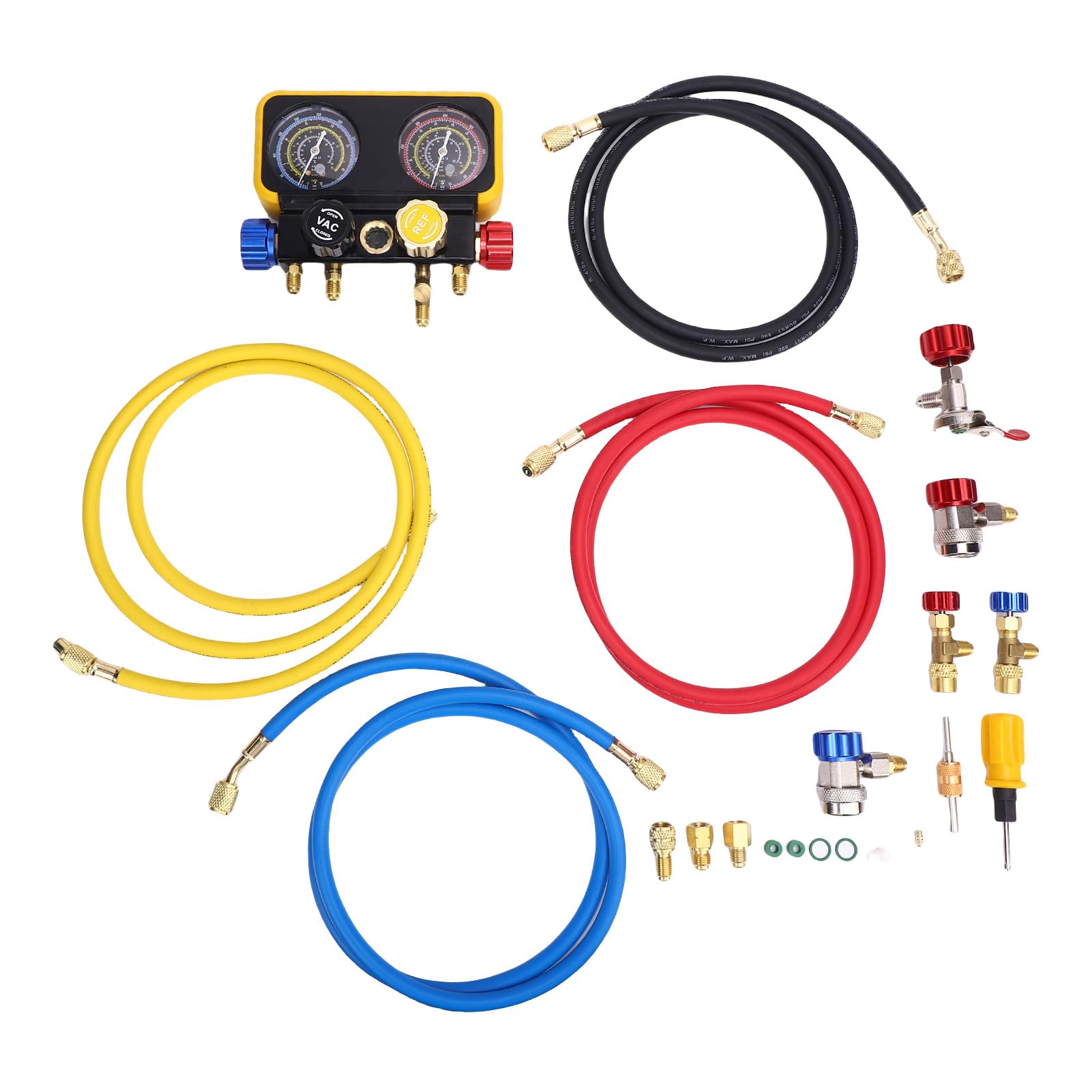 Set di Collettori HVAC a 4 Vie, Letture Accurate per Refrigeranti R32 R32 R134A R22, con Valvole R410A Meter e di Sicurezza per Uso Professionale e Domestico