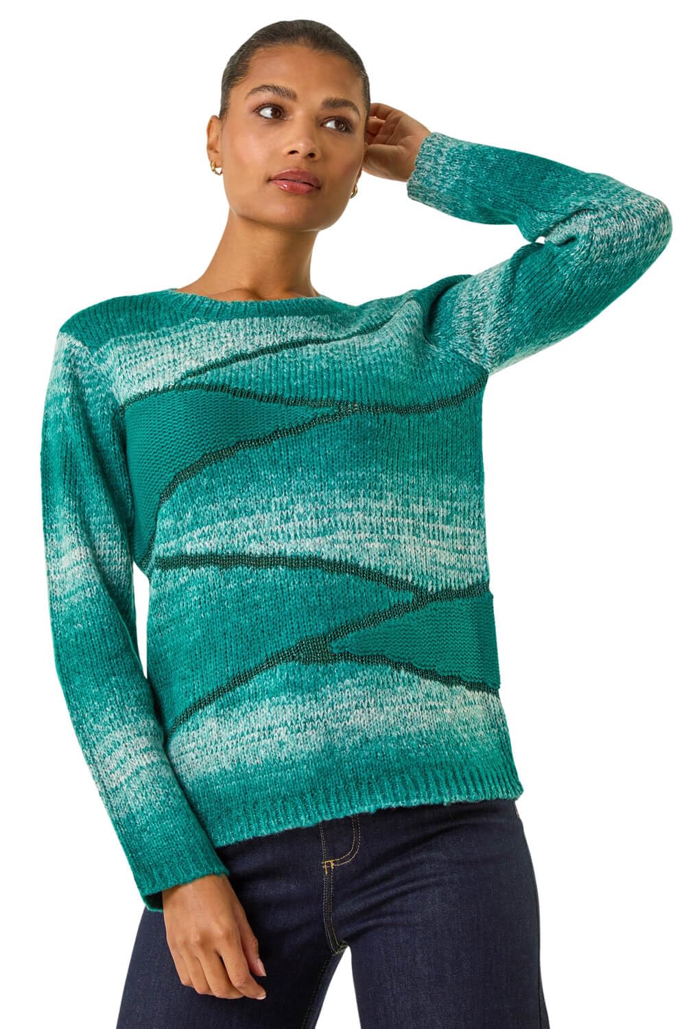 Roman Originals Women's Teal Colour Block Knit Jumper For Uk - Everyday Autumn Winter Crew Neckline Comfy Soft Evening Vacation Work Party Night Out - Size 16