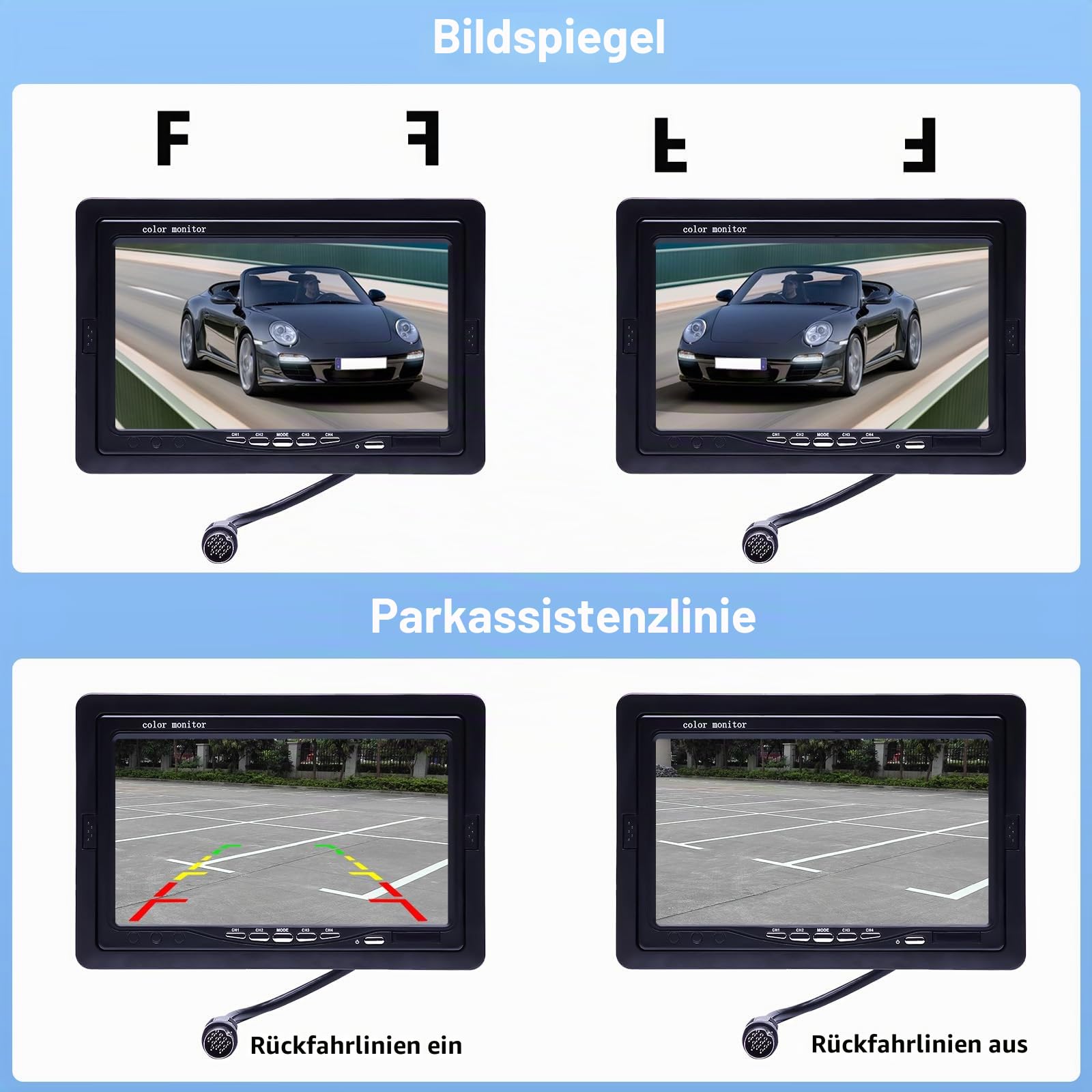 Camecho Dual Backup Kamera 4 Split Monitor hinten Kamera Auto 18 IR-Nachtsicht wasserdicht Aviation 4 Pins Anschluss 33 ft Kabel Für LKW/Wohnmobil-/Trailer/Bus