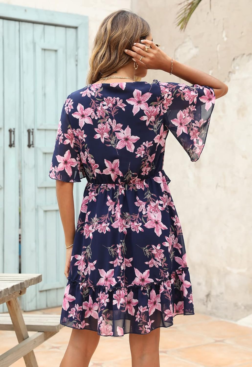 Manydress Women's Chiffon Floral Print V Neck Casual Mini Boho Ruffle Swing Dress MY068 - Image 2