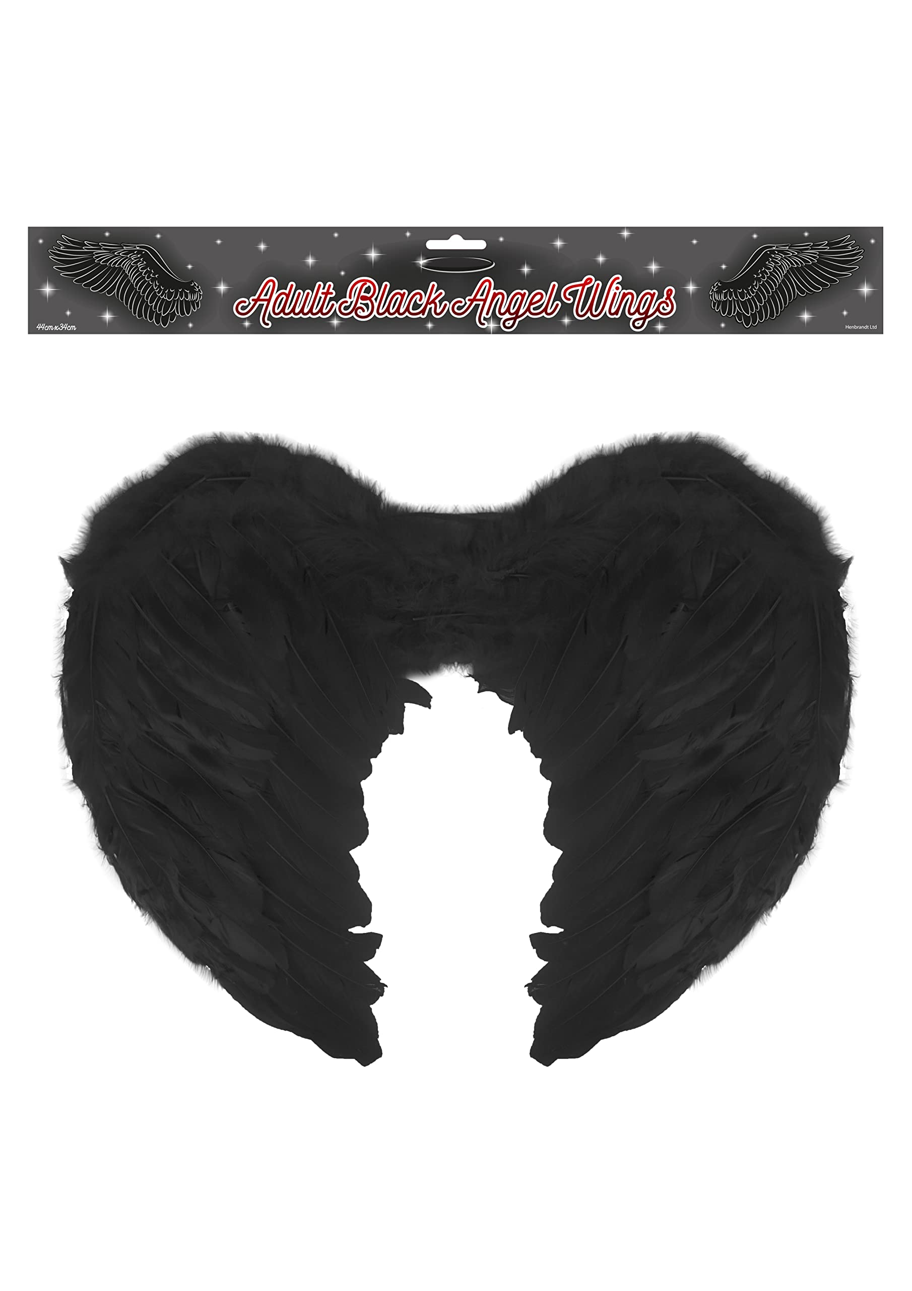 HENBRANDT 1 x Black Feather Wings 44cm x 34cm Black Angel Wings Halloween Costume Accessory Gothic Dark Fairy Swan Fallen Angel Wings with Black Feathers Fancy Dress Costume Accessories for Adults