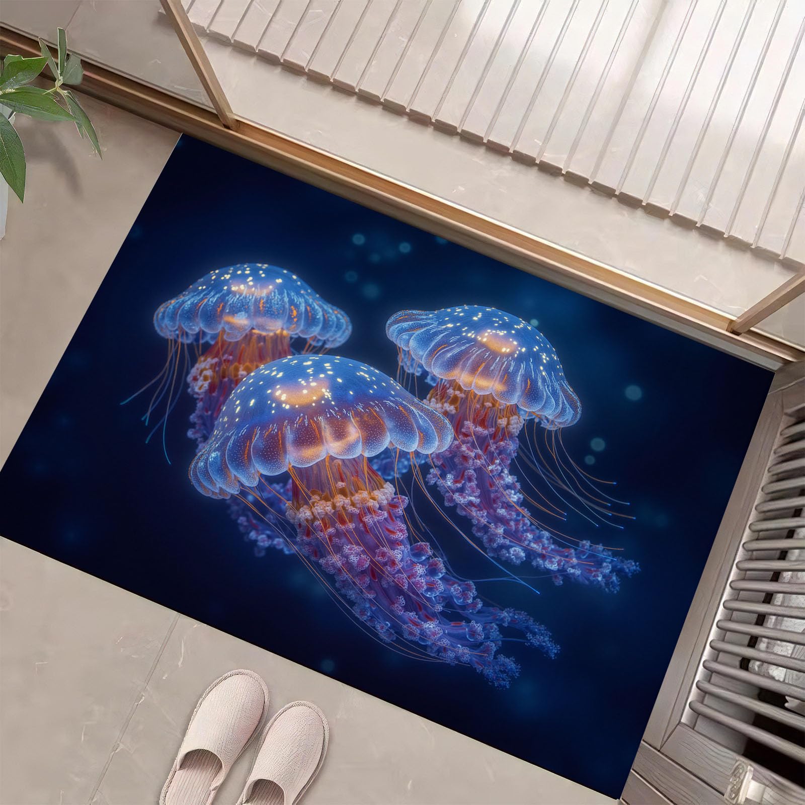 Paillasson Intérieur Entrée 80x120 cm Méduses Bioluminescentes Bleu Rose