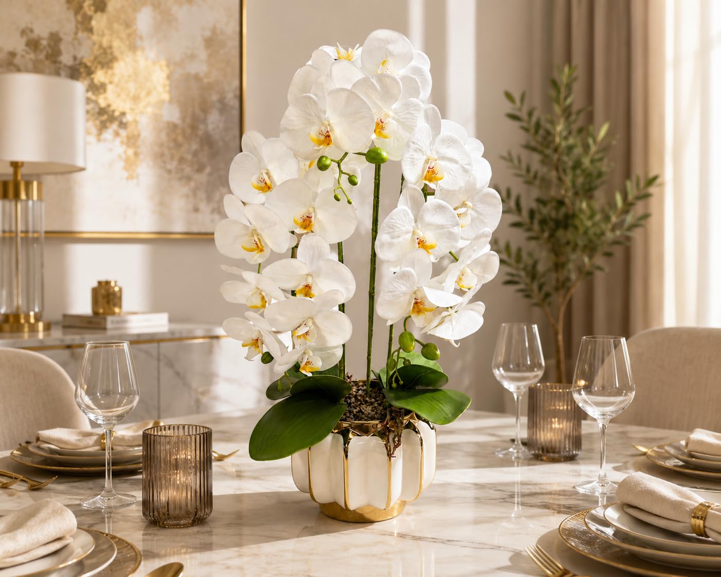 PASCH® XXL Orchideen künstlich in Hochglanz-Keramiktopf (72cm) | Kunstblumen im Topf | Kunstblumen wie echt | künstliche Orchideen im Topf | künstliche Blumen im Topf